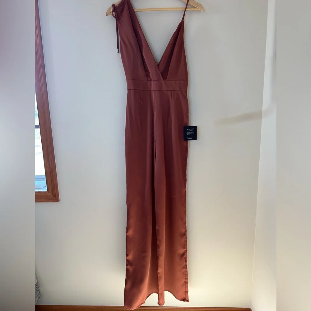 Lulu’s Look of Luxe Rusty Rose Satin Asymmetrical Wide-Leg Jumpsuit - Si… - Picture 5 of 10